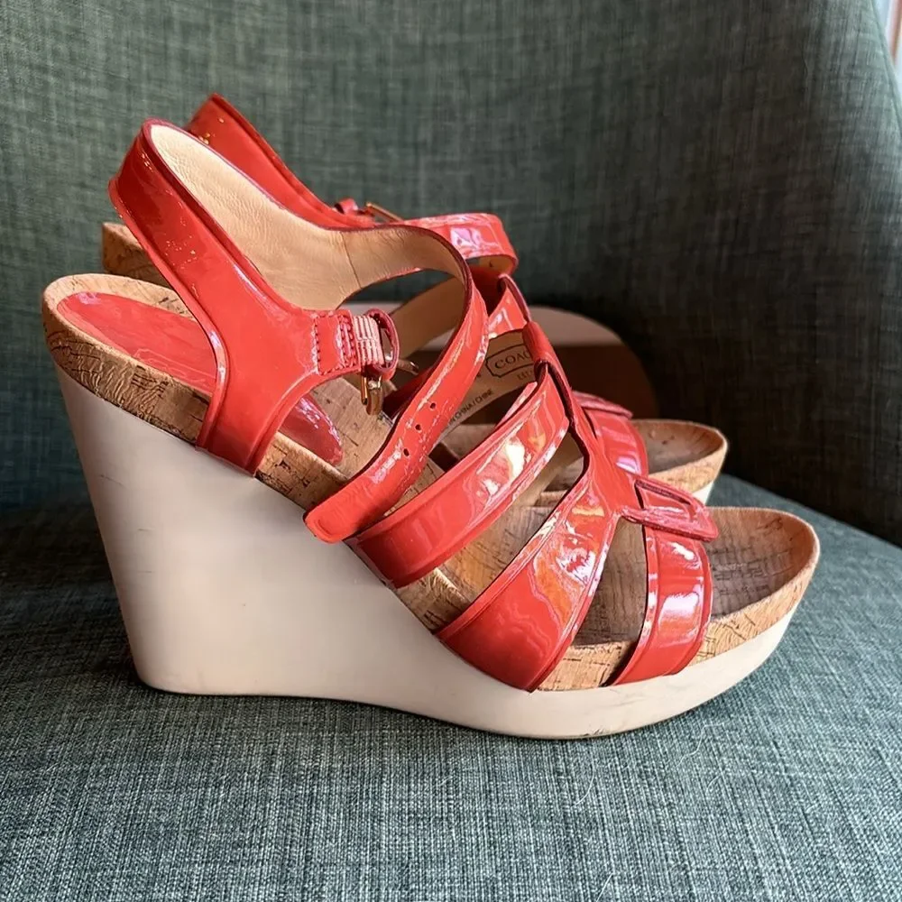 Coach Fran Wedge Ankle Strap Sandals Women sz 7 orange platform patient leather